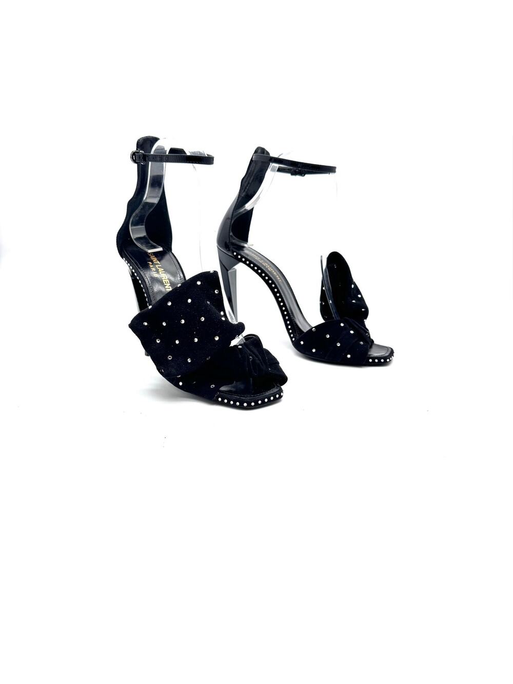 Saint Laurent Freja Crystal Bow Black Suede Heels Sandals EU 38